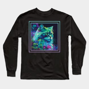 Insistent Selkirk Rex Cat Vibrant Tropical Flower Digital Oil Painting Portrait Long Sleeve T-Shirt